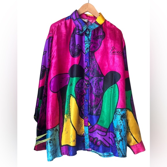 Tops - Vintage Picasso 1980s Satin Abstract Art shirt buttons up XXL MADE IN KOREA